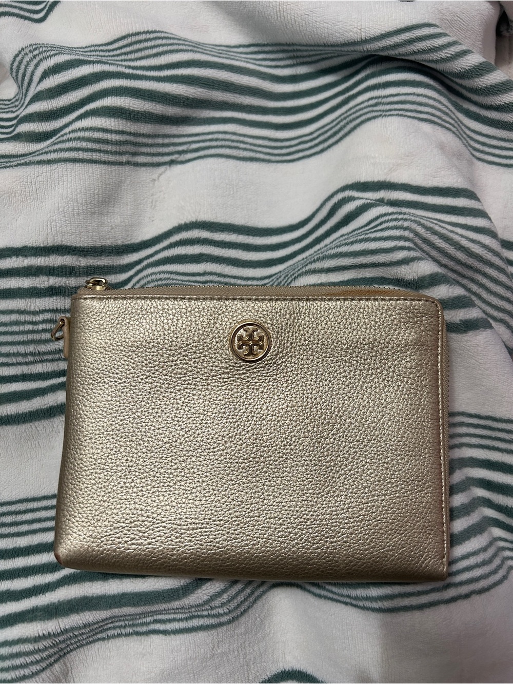 Tory Burch Metallic Champagne Leather Zip Wristlet